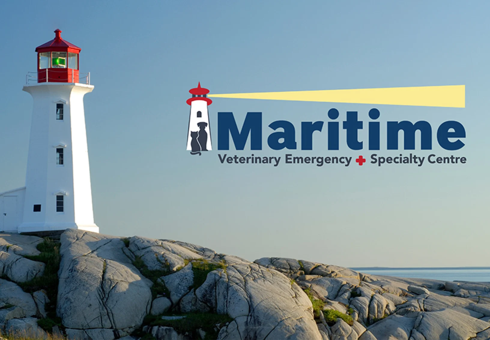 Peggy's Cove with white lighthouse with Maritime Veterinary Emergency and Specialty Centre's logo